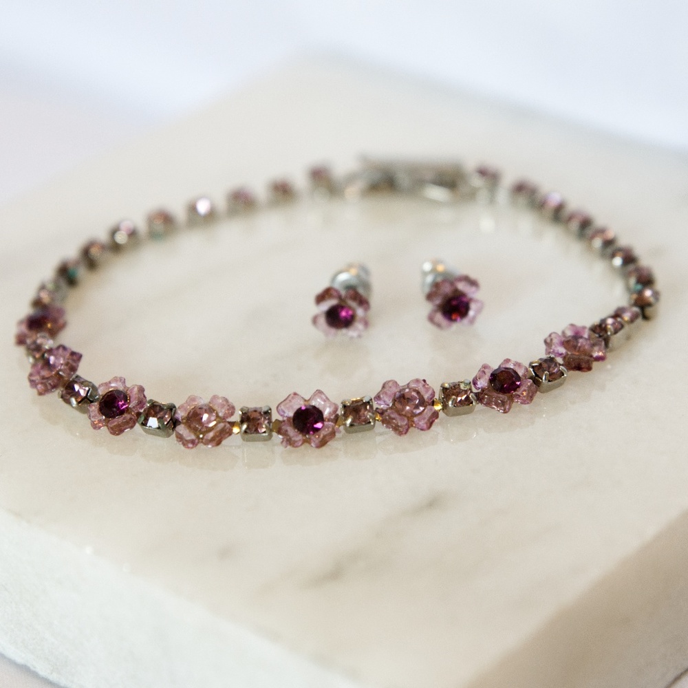 Rhinestone Flower Bracelet + Earrings